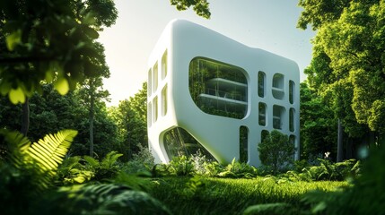 Wall Mural - Sustainable green building environmentally friendly buildings Future green business idea Environmental sustainability goals in 2050. White building shape amidst pristine nature.