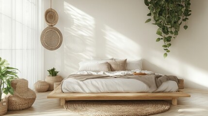 Wall Mural - Chic sustainable wooden bed frame with a natural finish and eco-friendly bedding