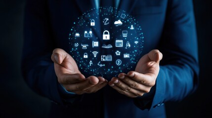 Businessman Holding Global Network of Digital Icons