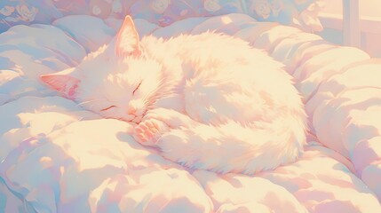 A serene white cat peacefully sleeping on a soft cushion, surrounded by gentle pastel colors and warm sunlight.