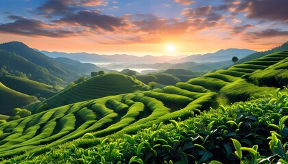 Wall Mural - Tranquil tea plantation nestled in lush Asian hills under morning sunshine, showcasing the serene beauty of natures bounty and countryside bliss