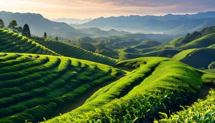 Wall Mural - Tranquil tea plantation nestled in lush Asian hills under morning sunshine, showcasing the serene beauty of natures bounty and countryside bliss