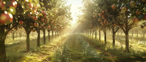 Sticker - A serene apple orchard at dawn, with red apples, green grass, blooming flowers, and a meandering waterway under morning sunlight and gentle fog.