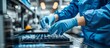 © VeloonaP - Laboratory technician arranging samples in a lab. Wearing blue gloves and uniform, working with scientific equipment.