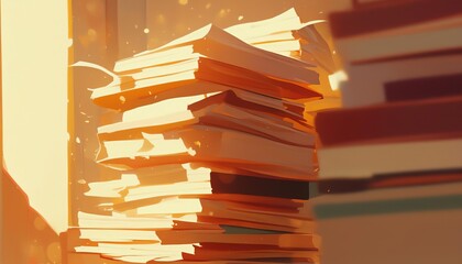 a warm, artistic stack of books illuminated by soft light, perfect for conveying knowledge and creat