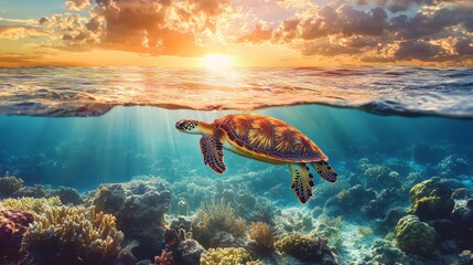 Sea turtle swimming over beautiful coral reef under sunset sky splitted by waterline