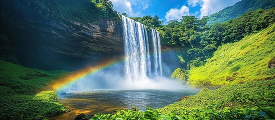 Majestic waterfall with a rainbow in a lush green landscape.