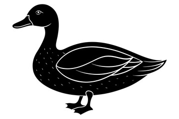 Canvas Print - Hand drawn duck in a minimal linocut style. 4k silhouette black color vector art illustration