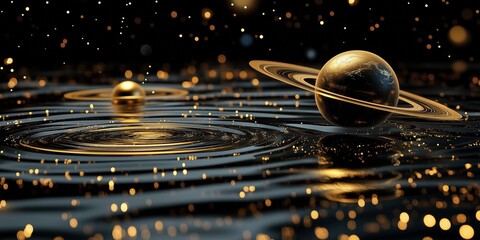 Wall Mural - 3d render of golden planets with glowing rings and sparkling particles, creating a dynamic cosmic sc