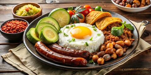 A vibrant Colombian dish, the bandeja paisa, features a harmonious blend of rice, beans, crunchy chicharrón, creamy avocado, spicy chorizo, fried egg, savory ground beef, and crispy arepa.