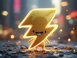 © Jet Green - A cheerful cartoon lightning character stands on a city street at night, illuminated by glowing lights and bustling urban energy