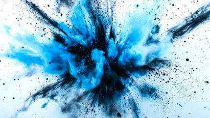 Amazing background. A blue-black explosion of dust, paint and smoke on a white background. The blue and black colors contrast, and the explosion turns out to be chaotic and violent