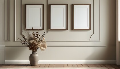 Minimalist room featuring empty frames on the wall and a vase of dried flowers as a focal point