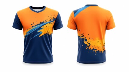 modern paint splash blue orange yellow color jersey for gaming, short sleeve mockup with front and back views isolated clean white background