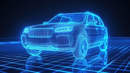 A glowing blue hologram of an SUV car on a grid background, in futuristic vehicle concept. Future transportation. Futuristic autonomous car. Driverless autonomous vehicle. Self-driving car technology.