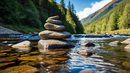 Canvas Print - Cairn of smooth stones balanced beside a flowing river