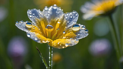 Wall Mural - Dew drops glistening on a flower petal in a morning meadow