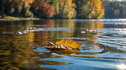 Canvas Print - Leaf floating down a river with autumn trees in the background