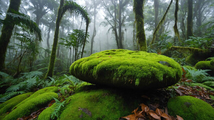 Canvas Print - Moss covered stone in a misty rainforest