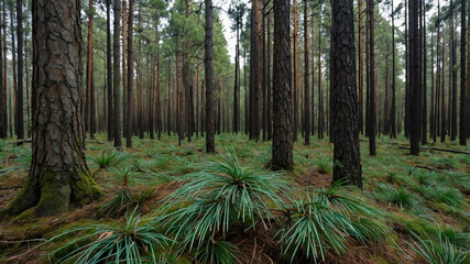 Canvas Print - Pine needles covering the ground in a dense forest