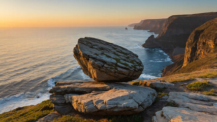 Wall Mural - Rock balanced on the edge of a cliff at sunrise