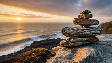 Wall Mural - Rock balanced on the edge of a cliff at sunrise