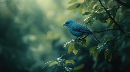 Wall Mural - Solitary Blue Bird Perched on a Branch in a Verdant Forest