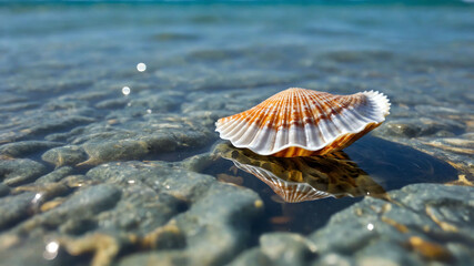 Wall Mural - Seashell in a tide pool with clear water and tiny fish