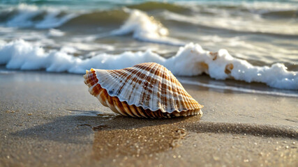 Wall Mural - Seashell resting on wet sand with the ocean waves rolling in