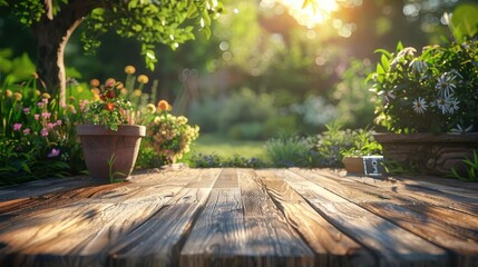 Tranquil backyard patio with blooming flowers potted plants and a wooden table set in a lush verdant garden setting with trees leaves and warm sunset lighting  Peaceful serene