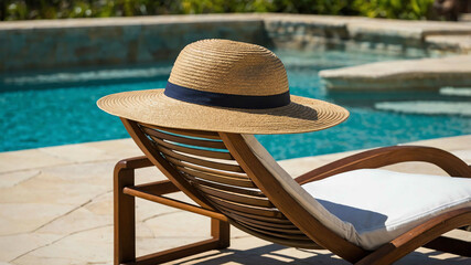 Wall Mural - Sunhat resting on a lounge chair by the pool