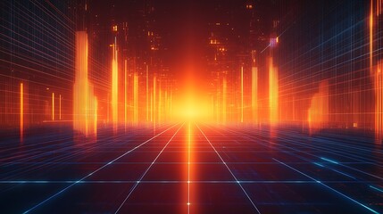 Sticker - A stunning digital landscape featuring vibrant orange light beams and a grid, creating a futuristic ambiance.