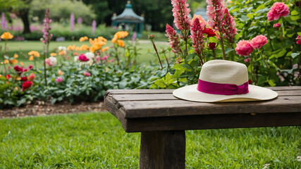 Canvas Print - Hat resting on a bench in a public garden with blooming flowers