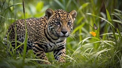 Jaguar cub closeup playing in tall jungle grass with butterflies around