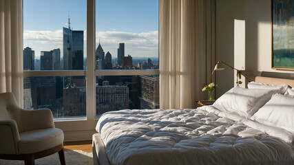 Wall Mural - Laptop on a bed with a view of the city through a window