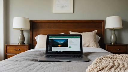 Laptop open on a bed in a cozy bedroom