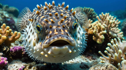 Wall Mural - Pufferfish closeup puffed up with colorful coral reefs behind