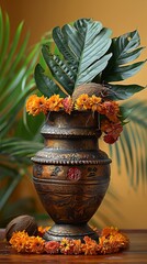 Wall Mural - A brass-plated copper pot filled with coconut, green leaves, and marigold flowers on a yellow background