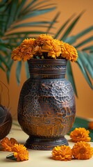 Wall Mural - A brass-plated copper pot filled with coconut, green leaves, and marigold flowers on a yellow background