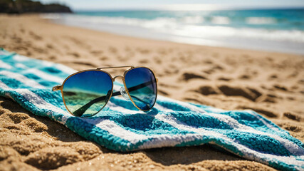 Wall Mural - Sunglasses left on a beach towel by the ocean