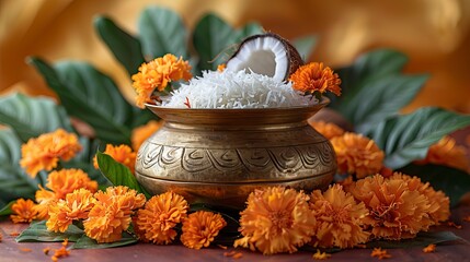 Wall Mural - A brass-plated copper pot filled with coconut, green leaves, and marigold flowers on a yellow background