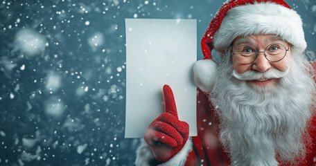 Poster - Santa Claus holding a blank paper, pointing, snowy background with copy space