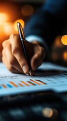 A close-up of a hand holding a pen, writing on a financial report with colorful graphs in a well-lit office environment.