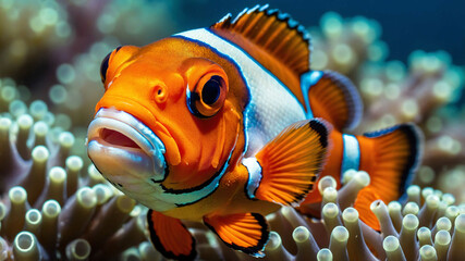 Clownfish closeup showing vibrant colors and fins with plain background