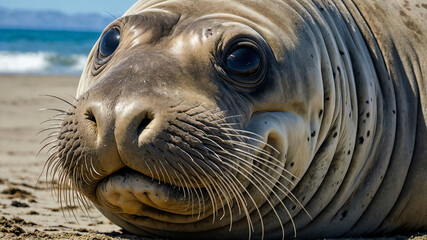 Wall Mural - Elephant seal closeup of wrinkled snout and whiskers on plain background