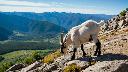 Goat closeup scaling a rocky mountain slope with a distant valley below