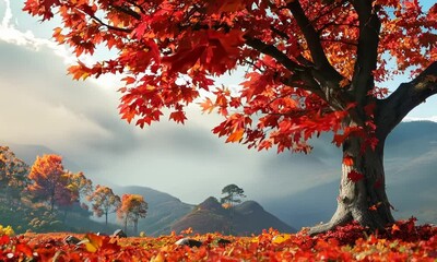 Poster - Majestic maple tree with bright red leaves, Video