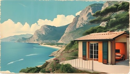 Wall Mural - Nostalgic 1970s Italian Coast Postcard Featuring Sunlit Seaside Villa with Majestic Mountains in the Background