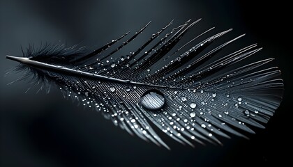 Poster - Elegant Macro Exploration of Black Feathers Adorned with Dew Drops Against a Rich Dark Background