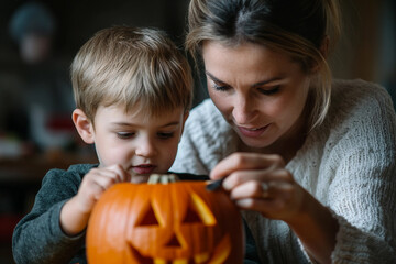 Wall Mural - Happy excited family carving Helloween pumpkins making creepy face holiday preparation, Generative AI